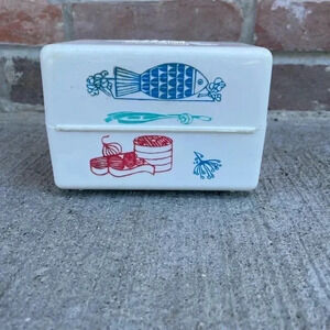 Vintage White Plastic Recipe Box MCM Fish Flowers Flip Top Lid Retro USA